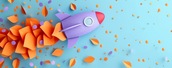 Purple rocket with orange confetti on pink background, symbolizing creativity and celebration
