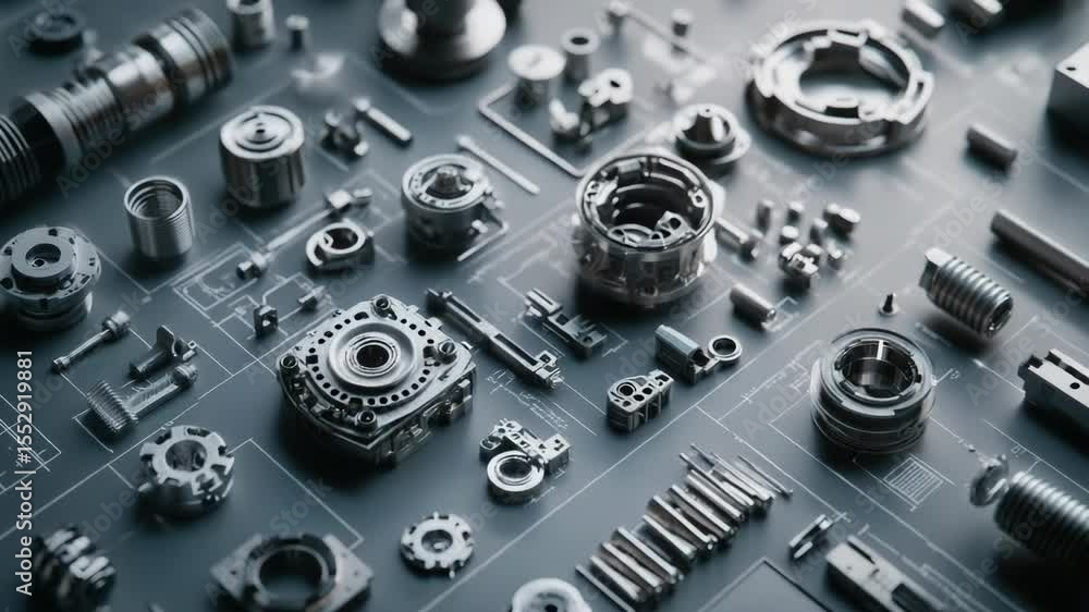 Poster a collection of metal components and tools on a workbench or desk