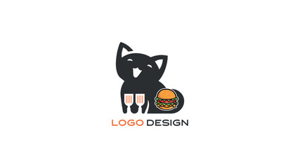 Cute black cat mascot logo with burger and drink in hand, designed for pet food brands, cat cafés, or fun fast food and snack businesses