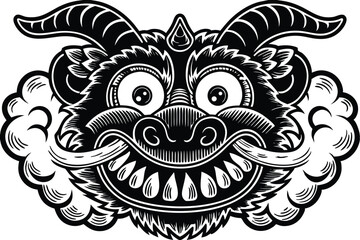 Black horned beast with visible teeth emerges from cloud in monochrome