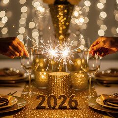 A festive happy new year 2026 table setting with two champagne glasses, gold decorations, and candles creates a perfect holiday celebration