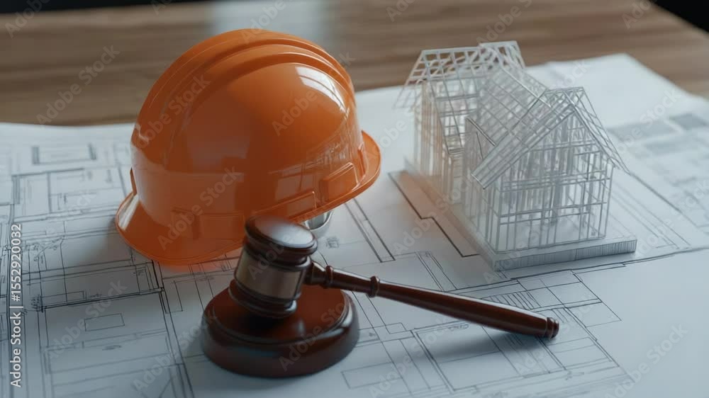 Poster a judge's gavel and hard hat sit atop a blueprint, representing construction or building project the