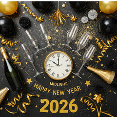 Antique clock dial showing the New Year  2026  at midnight with gold retro hour hands and Roman numeral face