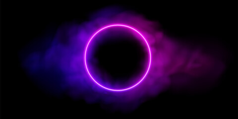 Neon pink circle with smoke. Vector purple ring glowing in clouds. Abstract realistic background