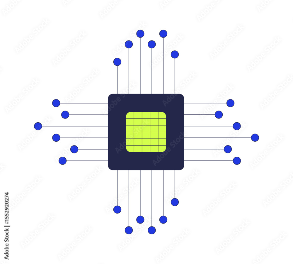 Poster central microchip with extending circuit nodes 2d cartoon object. computing power. it technology. ai