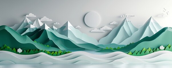 Scenic landscape illustration with mountains, trees, and a peaceful lake in soft green tones