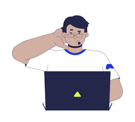Confused arab man using laptop while scratching back of head 2D cartoon character. Frustrated middle eastern guy with puzzled gesture flat vector person isolated on white. Spot illustration colorful