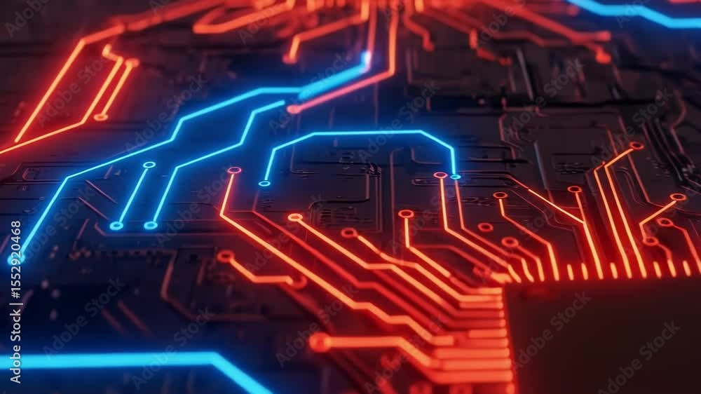 Poster closeup view of a circuit board with a central processor glowing orange and blue