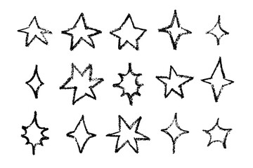Crayon stars vector icon set. Hand drawn texture, chalk childish twinkle shapes.
