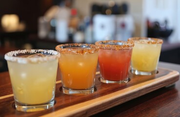 Close-up of four colorful margarita drinks on wood flight tray. Alcohol cocktails in glasses with salt rim, ice cubes, juice. Orange, red, yellow colours. Tasting flight drink at bar.