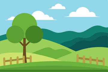 Obraz premium Green vector landscape with trees, hills, and mountains under a blue sky, illustrating summer countryside scenery