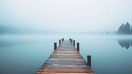 Fototapeta premium Serene dock at sunrise surrounded by misty water and mountains creating a tranquil and picturesque landscape for relaxation