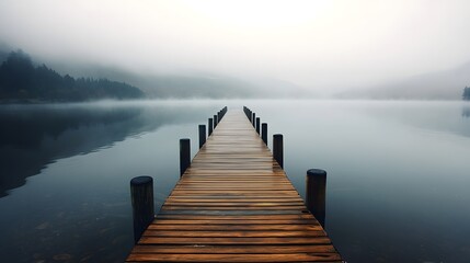 Fototapeta premium Serene dock at sunrise surrounded by misty water and mountains creating a tranquil and picturesque landscape for relaxation