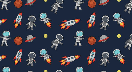 Cartoon Style Space Adventure Seamless Pattern with Astronauts and Planets