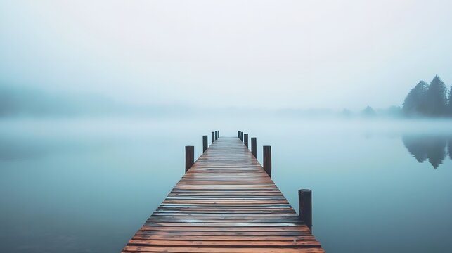 Serene dock at sunrise surrounded by misty water and mountains creating a tranquil and picturesque landscape for relaxation