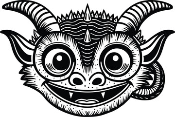 Smiling monster face with horns and sharp teeth in black and white artwork
