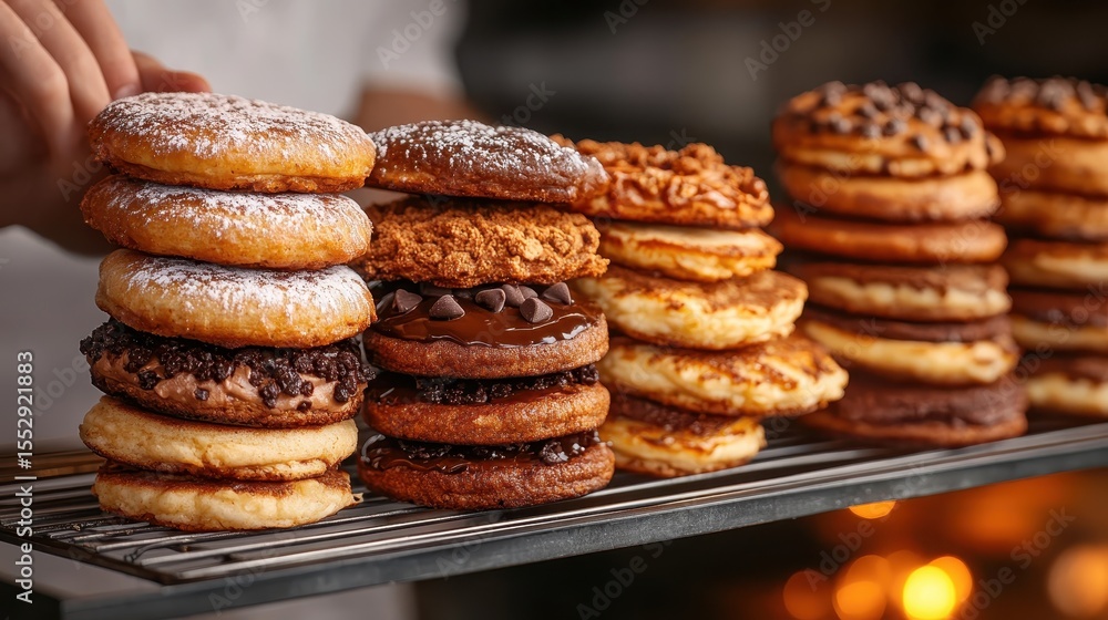Poster a tempting display of assorted cookies stacked on a rack, showcasing a variety of flavors and textur