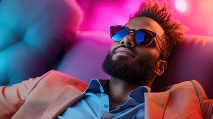 A fashionable man wearing sunglasses relaxes against a backdrop of vibrant, colorful lights, embodying a modern style and a calm demeanor in a lively environment.