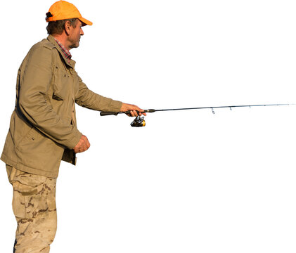 Fisherman standing on the riverside and trying to catch a fish. Sport, recreation, lifestyle.