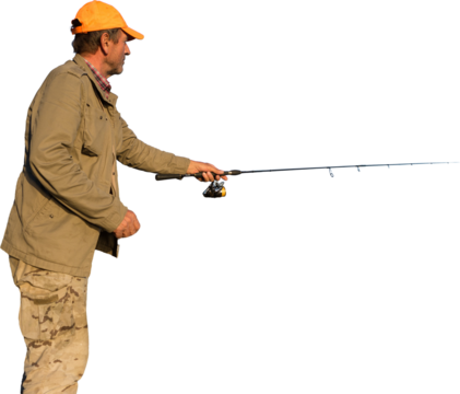 Fisherman standing on the riverside and trying to catch a fish. Sport, recreation, lifestyle.
