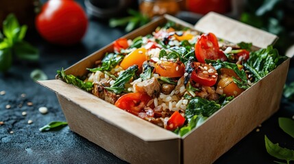A colorful and appetizing meal served in a takeout box, featuring fresh vegetables, rice, and herbs, promoting healthy eating in a visually appealing and convenient format.