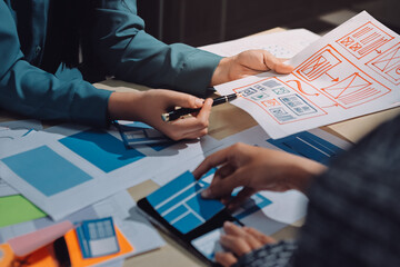 Group of young application developers analyzing uxui mobile app templates during a working meeting