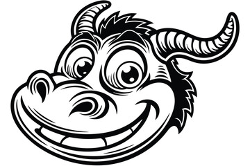 Monochrome cartoonish bull head shows big grin and horns while staring widely ahead