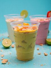 Strawberry, mango and lemon charlotte in plastic cups on light blue background
