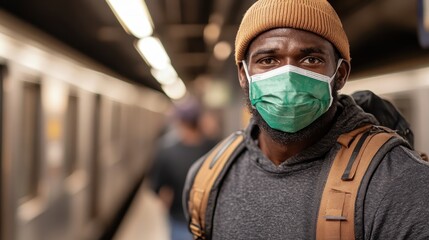 A man wearing a face mask stands in a subway station with a serious expression, representing the realities of public transport during challenging times, a poignant moment captured.