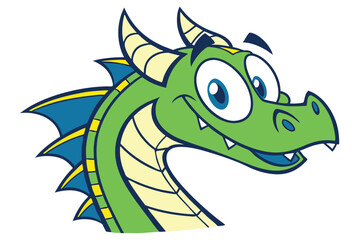 Obraz premium Friendly green cartoon dragon with horns and blue eyes smiles cheerfully at you