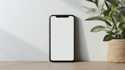 Modern smartphone with blank screen on wooden desk near green plant