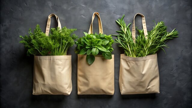 Three reusable grocery bags filled with fresh green herbs and leafy greens