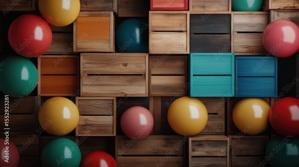 Aufkleber a vibrant display of wooden crates in various colors, punctuated by bright, glossy balloons, creatin