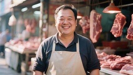 A middle-aged Asian pork vendor smiles warmly.