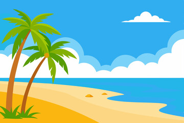 Fototapeta na wymiar Tropical paradise: palm trees sway over the sandy beach with the clear ocean under a summer sky