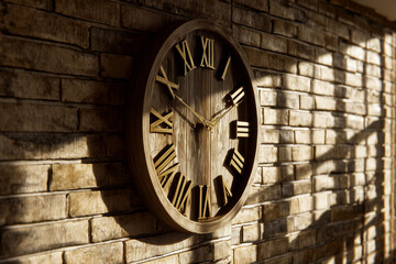 Obraz premium Classic Wooden Wall Clock Adds Rustic Charm to a Brick Interior in Warm Sunlight