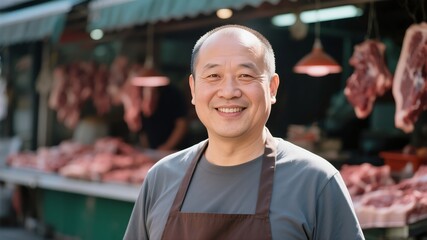 A middle-aged Asian pork vendor smiles warmly.
