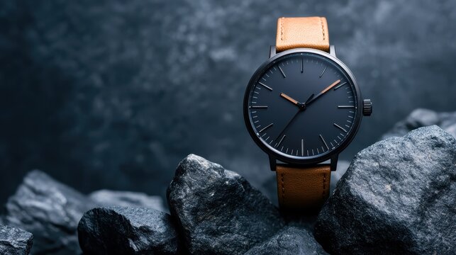 This striking image features a stylish black wristwatch resting on textured stones, emphasizing timeless elegance and sophistication, perfect for fashion enthusiasts and watch collectors.