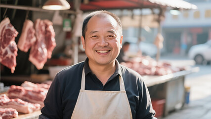 A middle-aged Asian pork vendor smiles warmly.