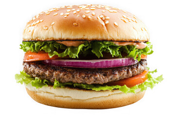 Delicious hamburger with lettuce tomato onion and sesame seed bun perfect for food illustrations and designs isolated on transparent background