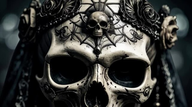 Ornate skull with floral decorations and a smaller skull on its head against a blurry dark background creates a spooky fantasy scene.