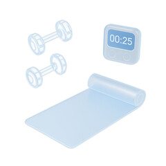 Workout Essentials: An isometric view of fitness equipment, including dumbbells, a yoga mat, and a digital timer, epitomizing a routine fitness regime.