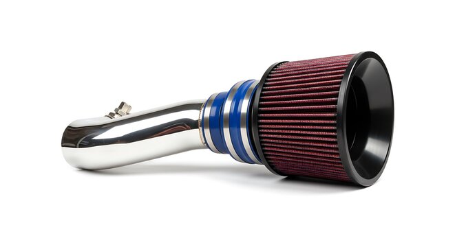 A studio photograph of a high-performance automotive cold air intake system, featuring a vibrant red conical air filter and a polished chrome intake pipe, connected by a blue silicone coupler. - Powered by Adobe