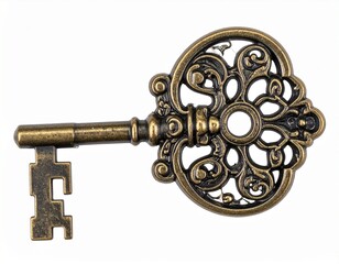 Fototapeta premium Vintage skeleton key with ornate decorative head in antique bronze finish, isolated on transparent background. 