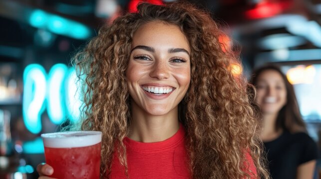 A smiling woman with curly hair raises a colorful drink in a lively bar setting, showcasing joy, friendship, and the vibrant atmosphere of nightlife and social interaction.