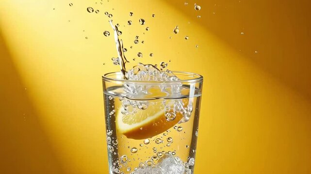 Fresh citrus refreshment with lemon and water, creating a splash against a golden backdrop.