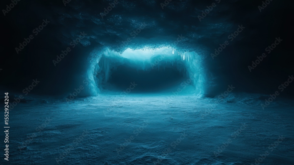 Poster this stunning image captures a serene ice cave illuminated by soft blue light, creating a magical at
