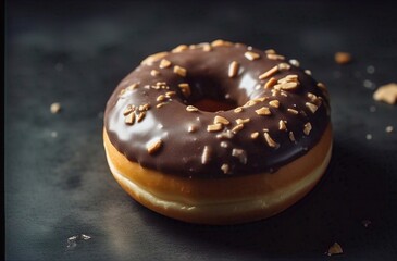 Donut with chocolate icing with almonds bread bakery delicious concept food