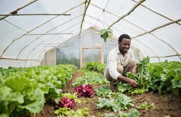 Happy african man gardening organic vegetable in agriculture farm greenhouse. Male gardener works nature, healthy food, sustainable living, small business. Growing vegetables, farming crops,