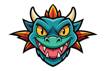 A cartoon blue dragon face shows a toothy grin with golden horns